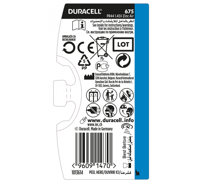 Батарейка Duracell HA 675 уп. 6 шт.