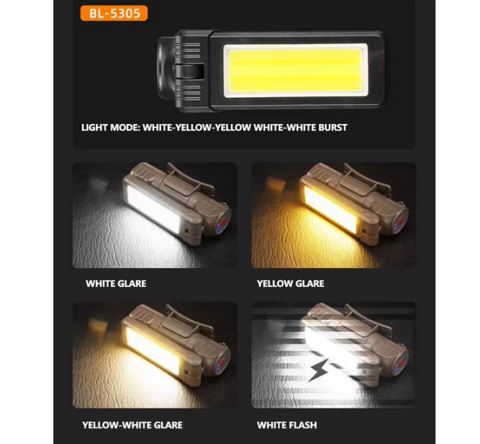 Фонарь WORKLIGHT 2 в 1 5305-COB(WHITE+YELLOW), Li-Ion аккумулятор, поворот180º+180º, магнит, ЗУ Type-C