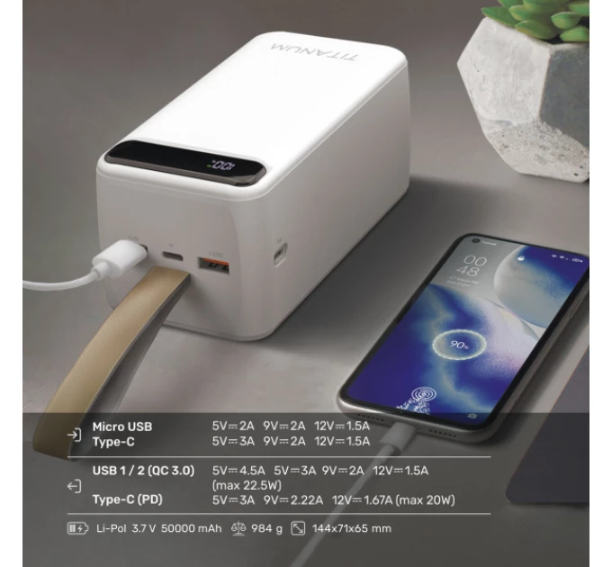 Павербанк 50000mAh TITANUM 741S 22.5W White
